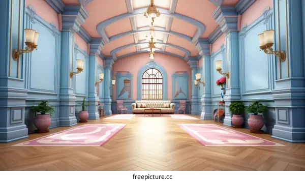 A beautiful living room with a pink couch and blue walls