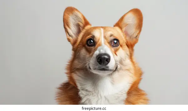 A cute corgi dog looking up with its ears perked up