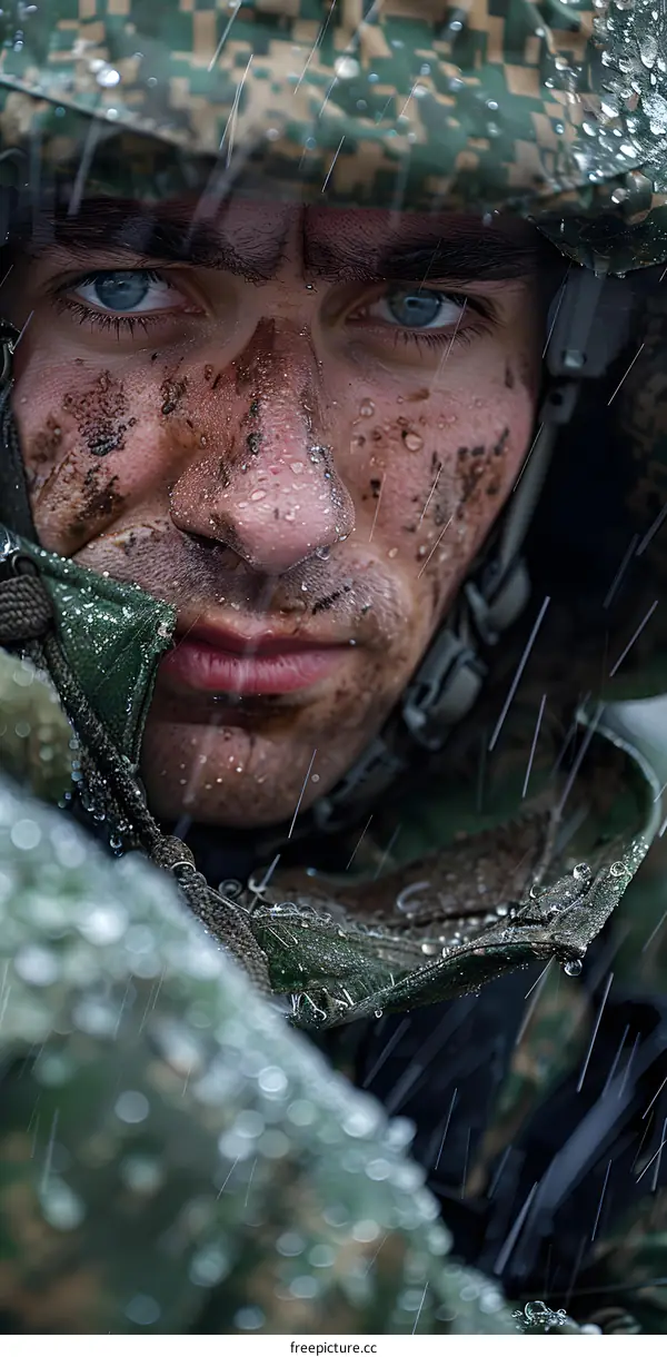 Portrait of a young soldier with mud on his face