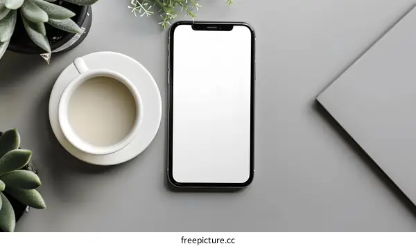 White Smartphone Mockup on Gray Background with Coffee and Succulents