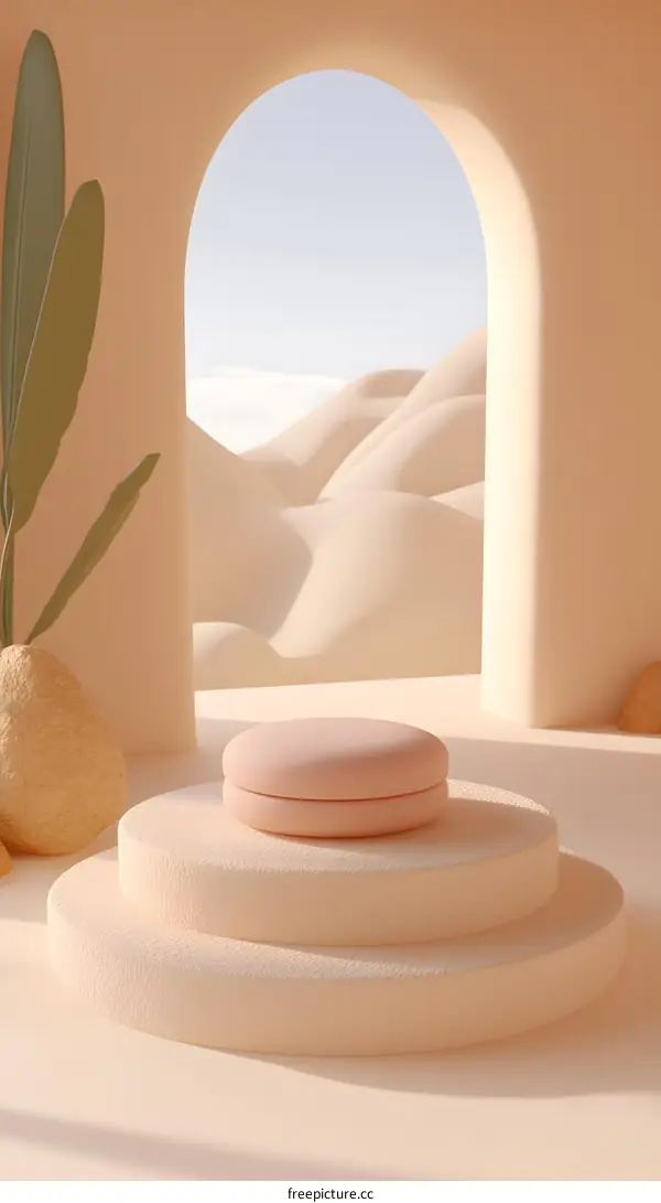 Minimalist Beige Product Display Mockup with Desert Archway and Hills