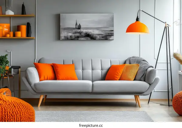 Modern Gray Sofa with Orange Accents in a Stylish Living Room