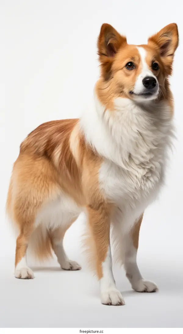 A cute collie dog with white and brown fur standing on a white background