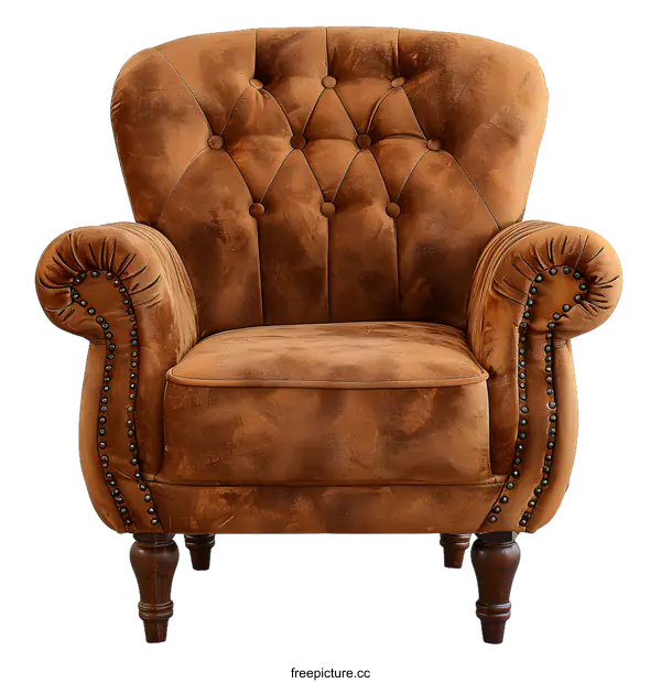 [Transparent Background PNG]Brown Upholstered Armchair with Button Tufted Back