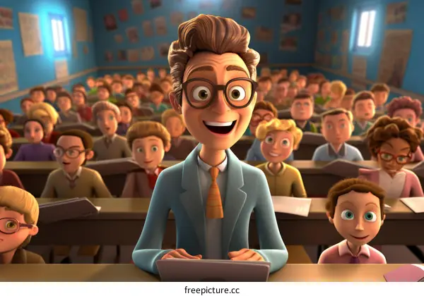 Illustration of a teacher standing in a classroom full of students