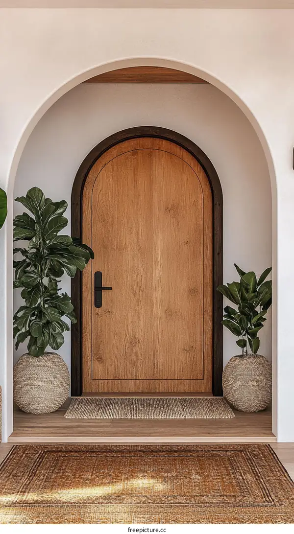 Front Door with Archway and Entryway Rug