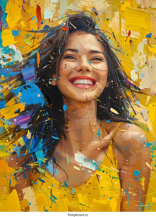 Woman with a radiant smile in a vibrant abstract painting