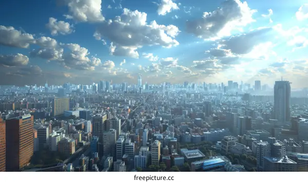 A cityscape of a large metropolis with many skyscrapers and a blue sky