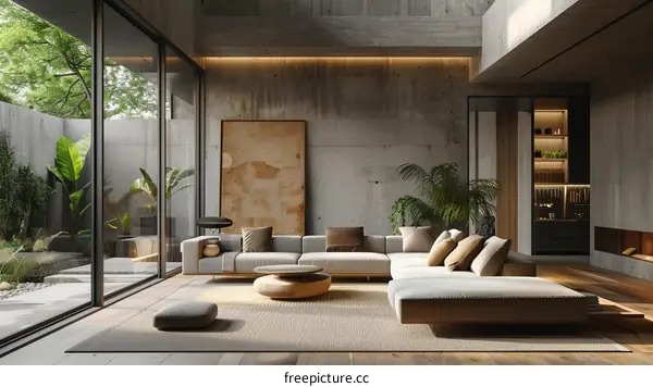 Modern Minimalist Living Room with Large Windows and Plants