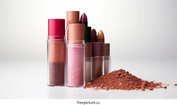 Various shades of brown eyeshadow and lipstick