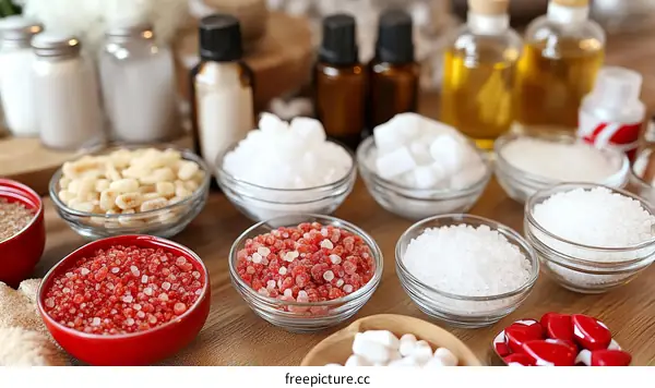 Assorted Crystals and Salts on Wooden Table