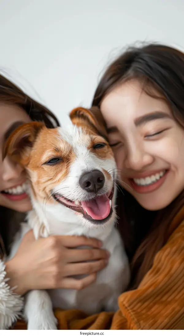 Two Asian women hugging a dog