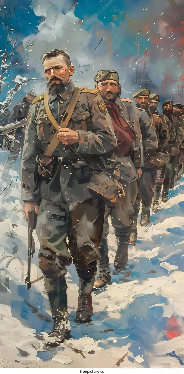 A group of soldiers in winter gear march through the snow.