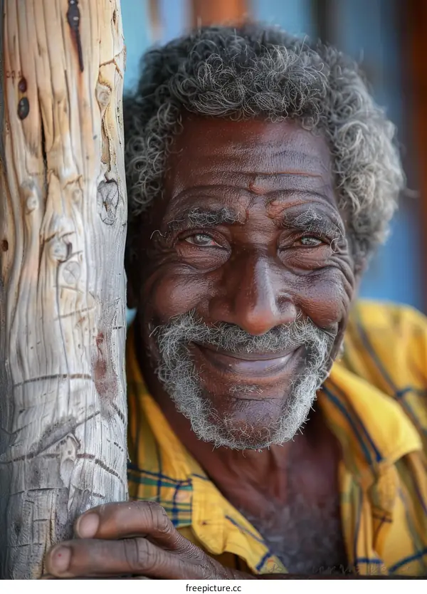 Portrait of a Smiling Elderly Man with a Wooden Post