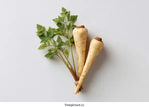 Fresh Parsnips with Greens on a Light Background
