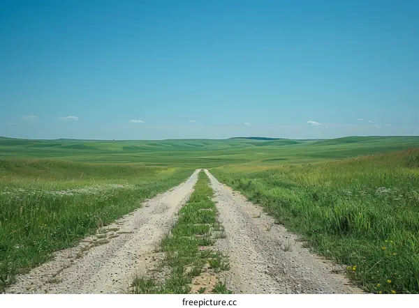 Prairie road under blue sky