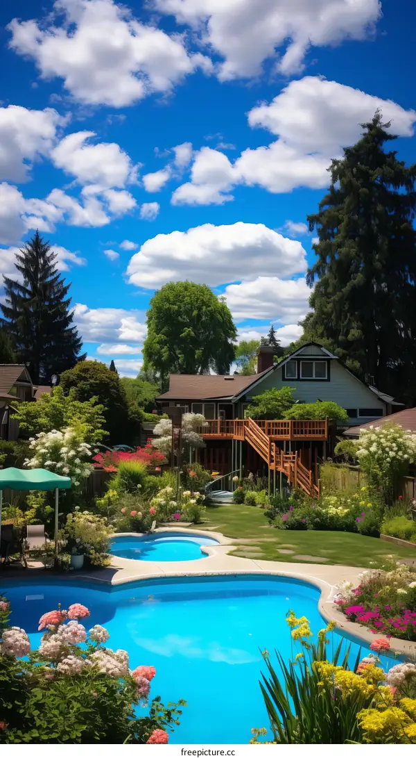 An illustration of a backyard with a swimming pool, surrounded by a lush garden and a wooden deck with outdoor furniture.