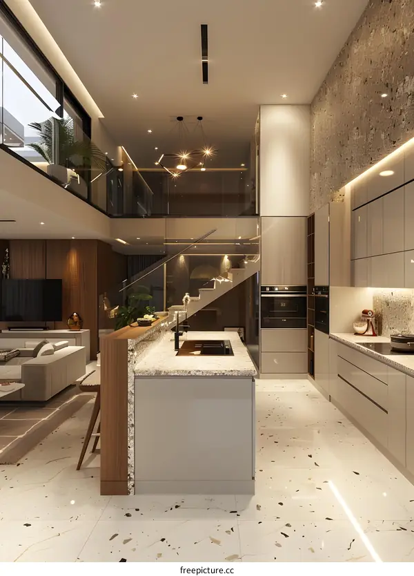 Modern kitchen interior design with large island and marble floor