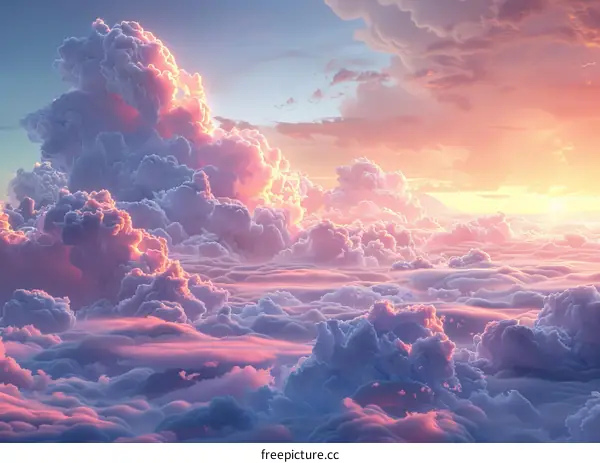 Sunrise over the clouds in a fantasy world