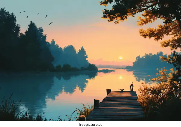 Sunrise Serenity on a Calm Lakeside Dock