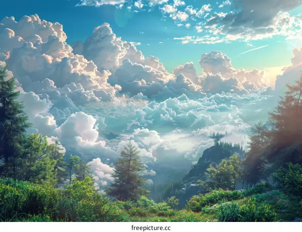 Fantasy Landscape with Fluffy Clouds and Rolling Green Hills