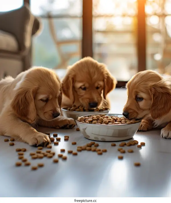 Three Golden Retriever puppies eating from a bowl