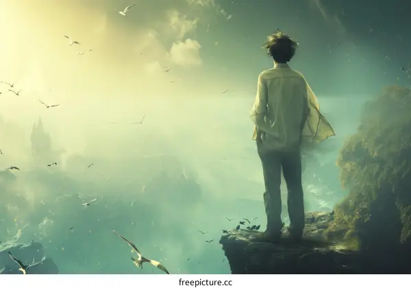 Man standing on a cliff looking at the seagulls flying around him