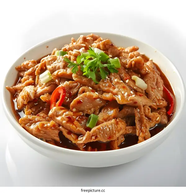 Spicy Shredded Pork in a White Bowl