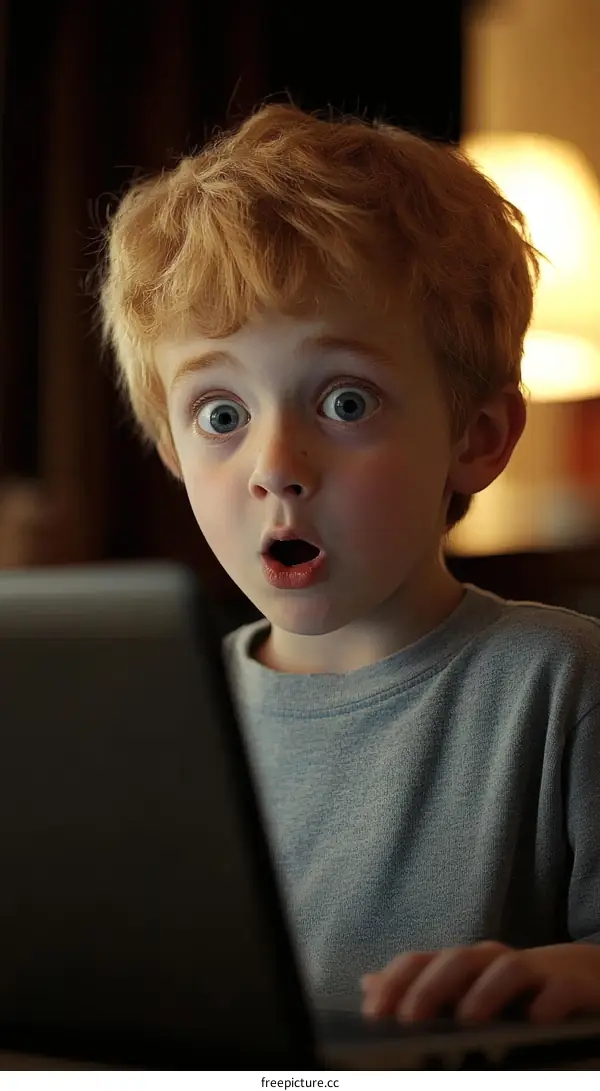 A Boy with Open Mouth and Wide Eyes Looking at a Laptop