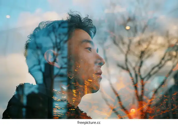 A young Asian man looks out the window thoughtfully