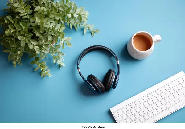 Stylish Workspace Setup with Headphones and Coffee