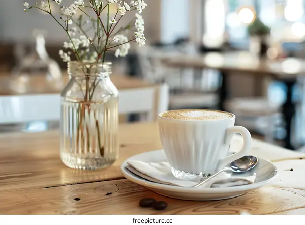 Coffee Cup with Flower on Table in Cafe