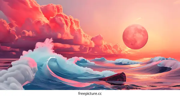 Abstract Pink and Blue Ocean Waves with a Pink Moon