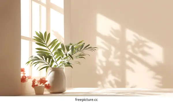 Sunlight Illuminating a Room with Plants and Shadows
