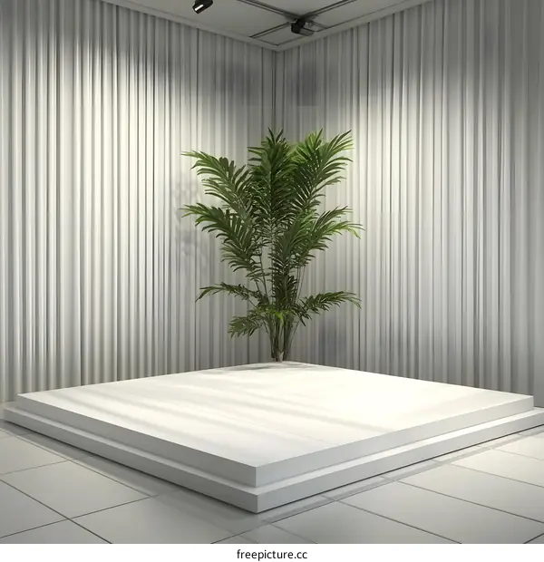 White Platform with Plant in Room with White Curtains