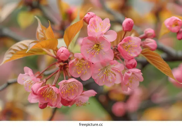 A close-up image of a cherry blossom branch with pink flowers and green leaves.