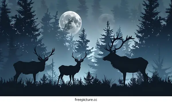 Three Deer Silhouettes In The Forest Under The Moonlight