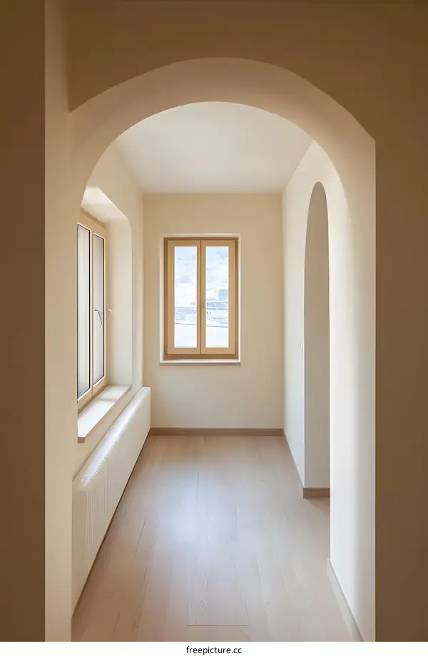 Interior Design of a Modern Home with Arched Doorway and Wooden Floor