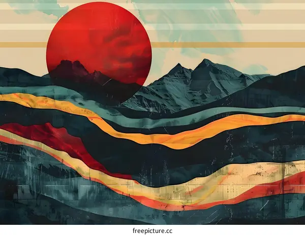 Abstract Landscape with a Red Sun and Mountains