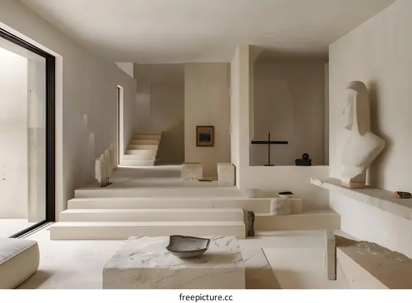 Minimalist Interior Design with Stone Sculpture and Stairs