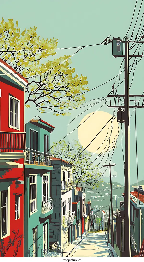 Street View with Colorful Houses and a Big Sun