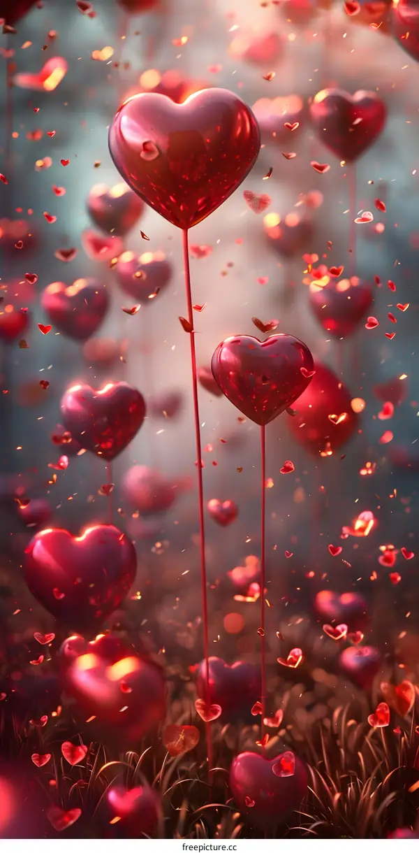 Red heart-shaped balloons floating in the air with a blurred background