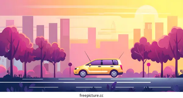 Yellow Car Driving Through Cityscape Illustration