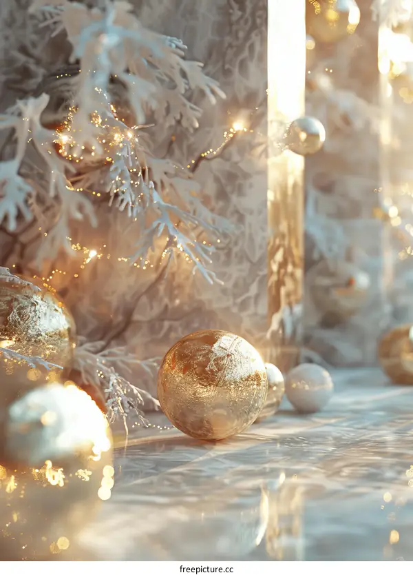 Winter Holiday Decor Illustration with Golden Ornaments