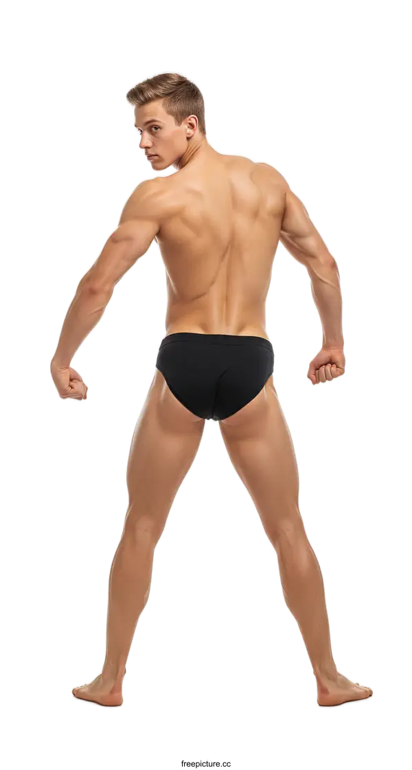 [Transparent Background PNG]Muscular man in black swimwear showing back view