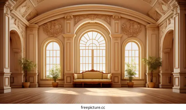 ornate ballroom with arched windows and plants