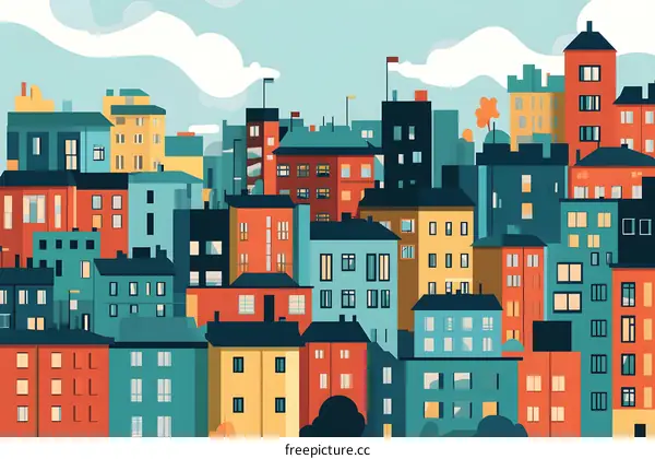 Colorful Cityscape Illustration with Buildings and Clouds