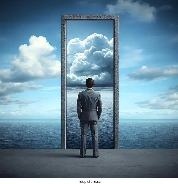 Businessman Looking Through Doorway With Cloud and Sea