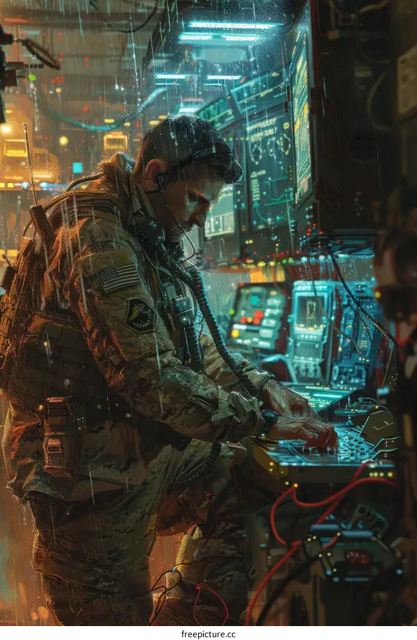 A soldier is hacking into a computer system.