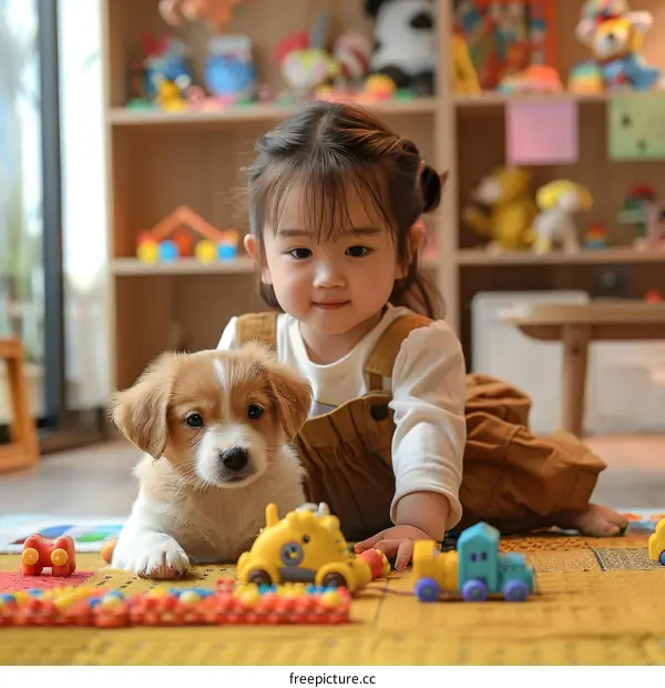 Little girl playing with a puppy